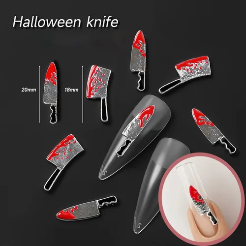 Miniatura 7 de Abalorios de aleación para uñas de Halloween, cuchillo plateado y rojo de terror, gemas de uñas con cuchillo sangriento metálico 3D, dijes de arte