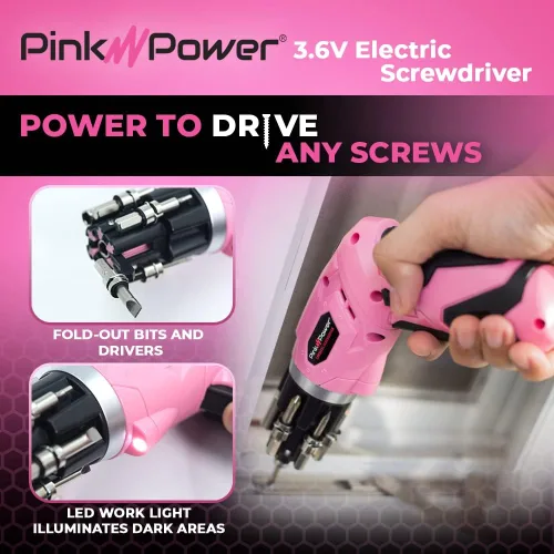 Miniatura 4 de Pink Power, taladro eléctrico de 4,8 Volt, recargable, juego de desarmadores con nivel de burbuja.