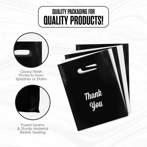 Miniatura 3 de Houseables Bolsas de compras de plástico para mercancías, bolsa al por menor, 16"x18", paquete de 100, 1.75 mil de grosor, blanco y negro, asas