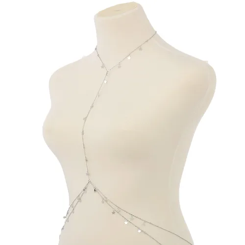 Miniatura 3 de Bounzhi Cadena de cuerpo sexy de plata con diseño de cruz de bikini en la cintura del vientre y cadenas de cuerpo con borla de estrella, collar