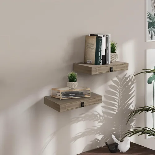 Miniatura 3 de Juego de 2 estantes flotantes con cajón, mesita de noche para dormitorio, baño o cocina, estante de pared de 16 pies con almacenamiento, color gris