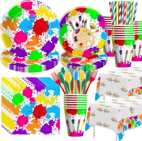 APOWBLS Vajilla de decoración de fiesta de arte, suministros para fiestas de pintura, plato de papel, taza, servilleta, mantel, cubiertos, pintura