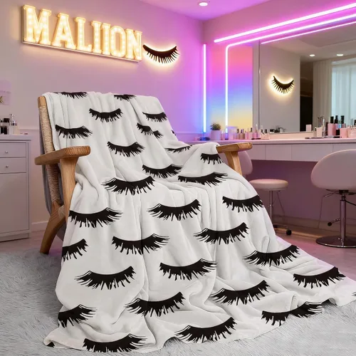 Miniatura 4 de Manta de pestañas en blanco y negro para sofá (50 x 60 pulgadas), manta de franela suave para decoración de habitaciones de pestañas, ropa de cama