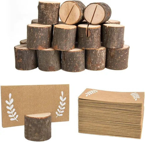 Miniatura 7 de 12 tarjeteros de madera rústica con 15 tarjetas de lugar de papel Kraft, soporte para números de mesas de madera, soportes para tarjetas de nombre