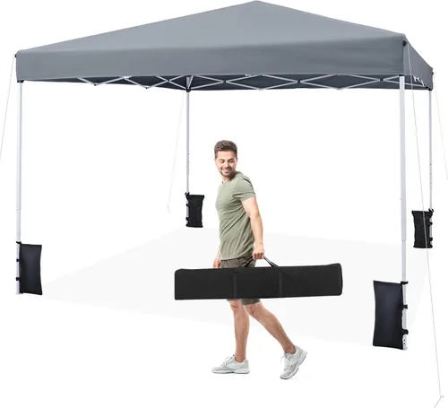 Tangkula Toldo desplegable de 10 x 10 pies, tienda de campaña para exteriores UPF50+ con 4 bolsas de arena, 8 estacas, 4 cuerdas de viento, marco de