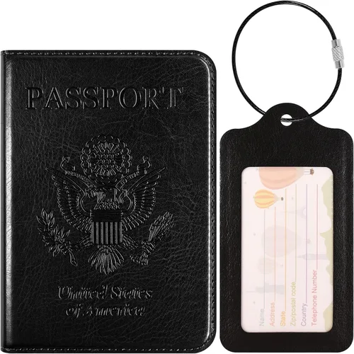 DMLuna Juego de soporte para pasaporte y etiqueta de equipaje, combo de portatarjetas de pasaporte y vacuna, funda de cuero para pasaporte,