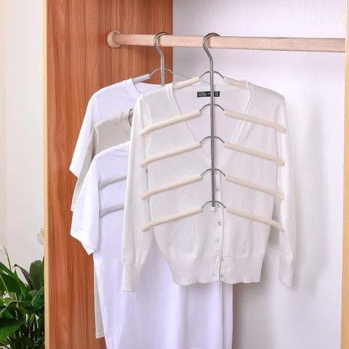 Miniatura 2 de Paquete de 3 perchas de ropa 5 en 1 que ahorran espacio cromadas y de espuma para blusas, árboles, perchero de ropa antideslizante de acero