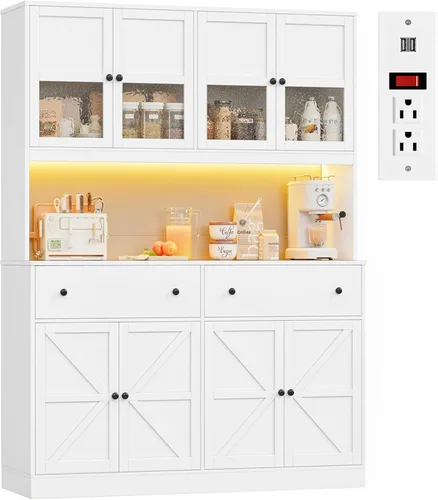 FINETONES Armario de despensa de 71 pulgadas con luz LED y estación de carga, armario de despensa de cocina de granja con soporte para microondas,