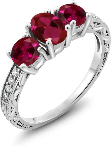 Miniatura 81 de Gem Stone King Anillo de compromiso de 3 piedras preciosas de oro blanco de 10 quilates con piedra natal y diamantes cultivados en laboratorio