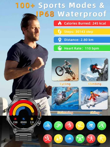 Miniatura 4 de KPEP Military Watches for Men with 2 Straps (Bluetooth Call), 1.75" HD Screen Military Watch with Flashlight, 800mAh Battery, SpO2 Heart Rate Sleep