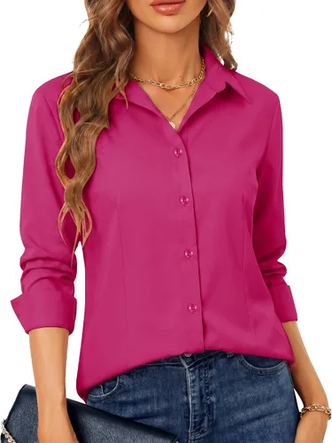 Miniatura 42 de BBIBBI Camisa de vestir elástica de manga larga con botones para mujer, blusa de trabajo casual de negocios (clásica, recortada y alta)