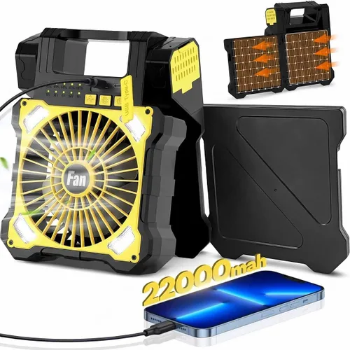 Miniatura 12 de Ventilador solar de campamento de 25000 mAh, ventilador solar recargable de oscilación de 120° con luz LED, 6 velocidades ajustables, ventiladores