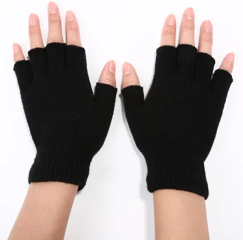 Miniatura 4 de SATINIOR 2 pares de guantes unisex de medio dedo de invierno elásticos de punto sin dedos en tamaño común