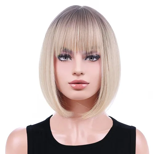 Miniatura 11 de Pelucas negras para mujeres y niñas, peluca corta y recta negra con flequillo, pelucas sintéticas resistentes al calor, para fiestas de disfraces