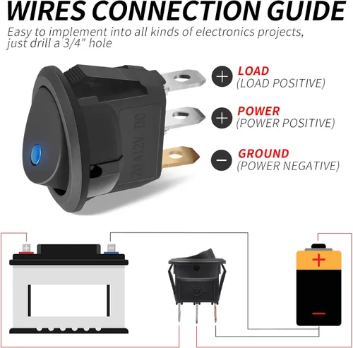 Miniatura 5 de Interruptor basculante con carcasa de 12 V 20 A, interruptor redondo con luz azul, SPST On/Off, 3 pines con soporte para panel, soporte de montaje