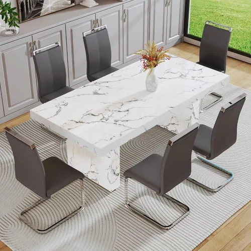 Miniatura 19 de gopop Mesa de comedor de mármol de 63 pulgadas, tablero de mesa de comedor MDF con patrón de mármol y base para cocina y comedor.