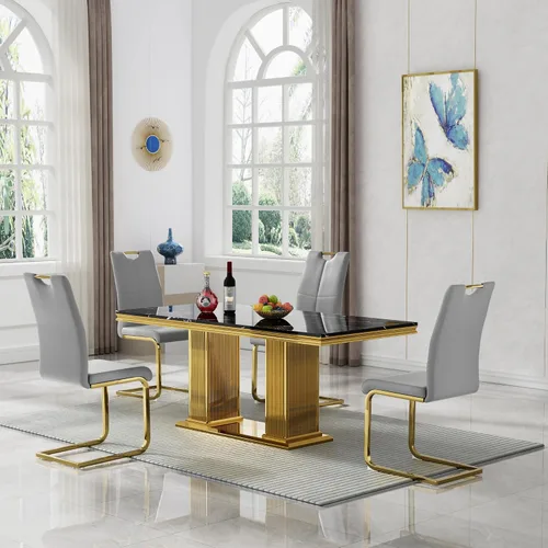 Miniatura 30 de 5 Piece Black Marble Dining Table Set for 4, Modern Faux Marble Kitchen Dining Room Tables with 4 Leather Chairs Set, 68.11" Luxury Rectangular