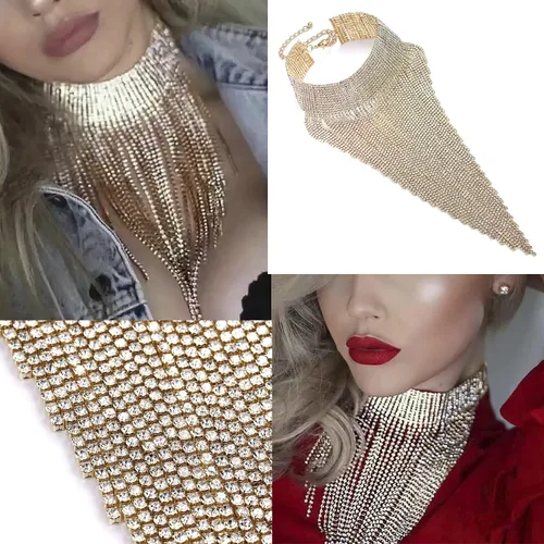 Miniatura 3 de Flyonce - Collar con diamantes de imitación para mujer, gargantilla con borla estilo pechera, joyería para fiesta formal