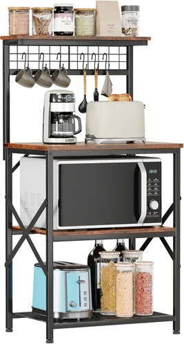 Miniatura 9 de Furologee Estante de Panadería de Cocina con Aparador, Estación de Barra de Café de 4 Niveles, Soporte para Horno Microondas con 6 Ganchos en S