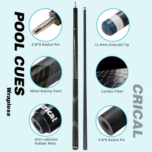 Miniatura 3 de CRICAL Palo de taco de billar de fibra de carbono de 58 pulgadas, palos profesionales de baja desviación para piscina con junta de 3/8 x 8 pines