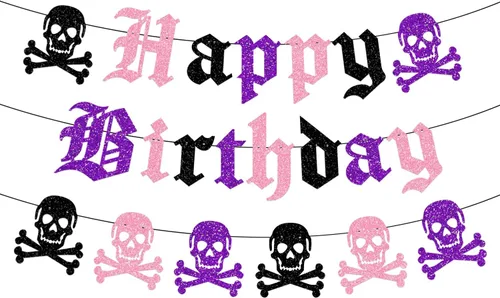 Miniatura 8 de Cartel gótico de feliz cumpleaños, guirnalda de calavera inglesa antigua con purpurina negra, divertida pancarta de cumpleaños funerario para fiesta