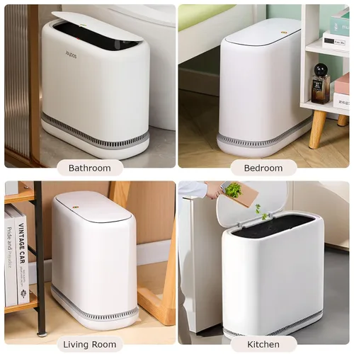Miniatura 6 de O-MART Basurero de baño con tapa, delgado de 3.2 galones, cesta de basura superior de prensa estrecha para control de olores y a prueba de perros