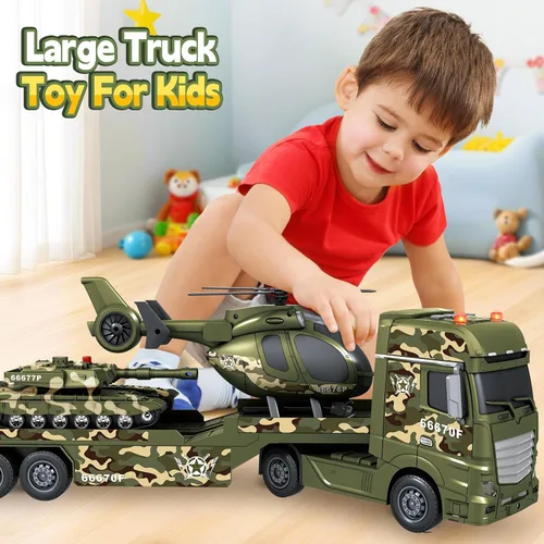 Miniatura 6 de Bstoyder - Juguetes para niños pequeños de 3, 4, 5, 6, 7 años, camión militar semi-escala de 63,5 cm con helicópteros y tanque, juguetes militares