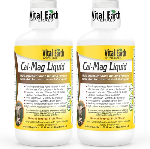Vital Earth Minerals Cal-Mag Liquid - Suplemento de calcio y magnesio con vitamina D3, K2, boro y ácido fúlvico para una absorción más rápida, 32