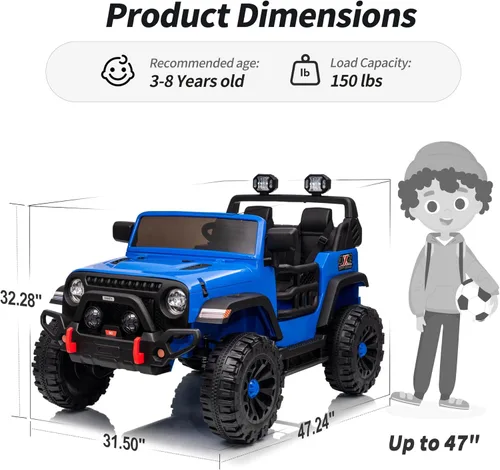Miniatura 9 de Hikiddo - Camioneta de juguete eléctrica de 2 plazas, 12 V para niños mayores de 3 a 8 años con control remoto - Azul