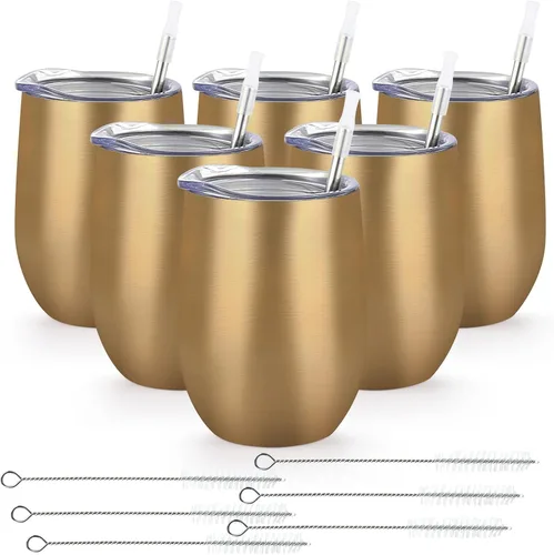 Miniatura 9 de Paquete de 12 vasos de vino de acero inoxidable, 12 onzas, doble pared, aislados al vacío, con tapas y pajitas, copas de vino sin tallo de acero Oro