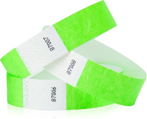 500 pulseras Tyvek verde neón para eventos, diseño a prueba de manipulaciones y color fluorescente que evitan la reutilización, pulseras de grado