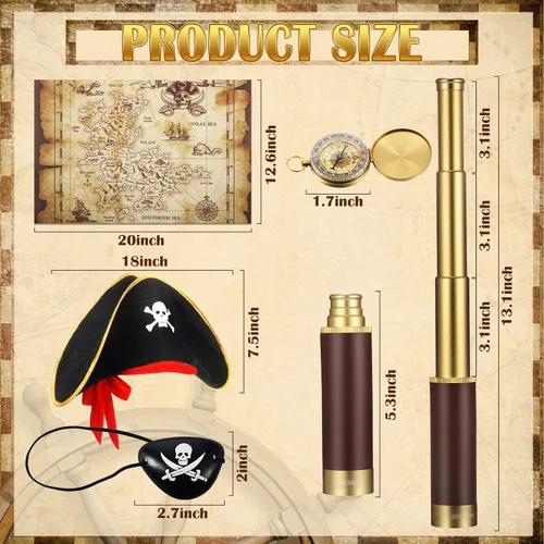 Miniatura 2 de Telescopio monocular pirata, mapa del tesoro, brújula, sombrero pirata, estampado de calavera, disfraz de capitán, 5 piezas de recuerdos de fiesta