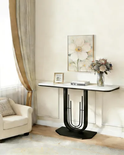 Miniatura 2 de Mesa consola rectangular estrecha de 39.37 pulgadas con parte superior de mármol, elegante mesa de entrada moderna, marco de metal en forma redonda