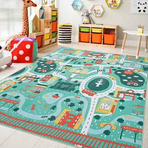 Alfombra de juego educativa UKISS, 55"x55" alfombra de tráfico para niños, alfombra antideslizante y lavable para niños, alfombra para niños para
