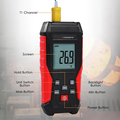 Miniatura 8 de Termómetro digital tipo K con dos sondas de termopar, -328°F ~ 2501°F Termómetro de termopar de un solo canal, medidor de temperatura HVAC