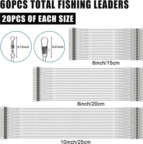 Miniatura 2 de OROOTL Fishing Leaders Kit, 60pcs Stainless Steel Fishing Leaders Saltwater Wire Leader Lines with Swivels Snaps Fishing Tackle Lures Bait Hook