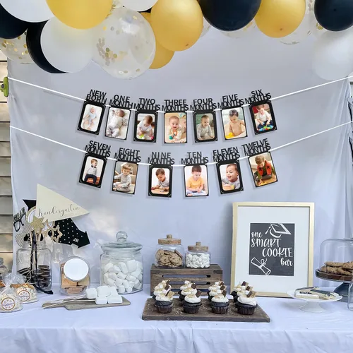Miniatura 6 de Crosize - Pancarta decorativa para celebración del primer cumpleaños con marcos de fotos para bebés desde recién nacidos hasta 12 meses, guirnalda