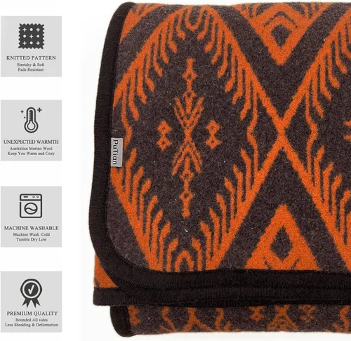 Miniatura 6 de PuTian Manta de lana merina, 63 x 51 pulgadas, color naranja bohemio, ideal para camping, al aire libre, eventos deportivos, supervivencia y kits