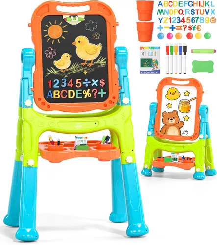 Miniatura 9 de Lehoo Castle Caballete para niños, caballete de arte para niños 4 en 1 de doble cara con pizarra blanca magnética y pizarra de tiza, caballete