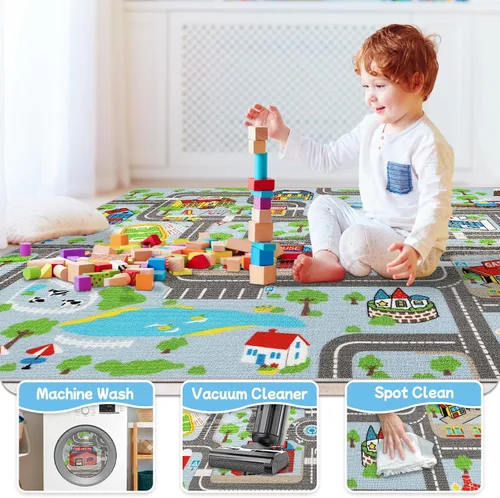 Miniatura 4 de Alfombra de juego para niños de 6.6 x 5.0 pies, alfombra azul para niños para autos de juguete, alfombra antideslizante de mapa de la ciudad