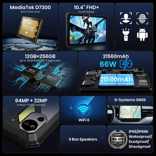 Miniatura 8 de FOSSIBOT DT3 5G Android 15 Tablet resistente, 32 GB+256 GB de almacenamiento, batería de 21560 mAh, tableta Windows resistente, tableta impermeable