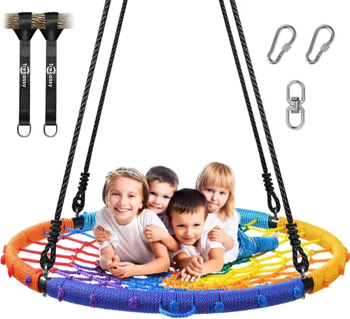 Trekassy Columpio de Telaraña para Árbol de 45" 750lbs para Niños y Adultos, Columpio de Red Platillo con Marco de Acero para Exteriores con