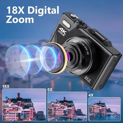 Miniatura 3 de Cámara digital con pantalla abatible LCD, cámara UHD 4K de 64 MP, cámara digital de apuntar y disparar con zoom de 18X, cámara de vlogging