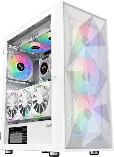 SAMA 3509 Carcasa de PC de torre media ATX blanca - Parte frontal de malla de acero, panel lateral de vidrio templado con bisagras, 4 ventiladores
