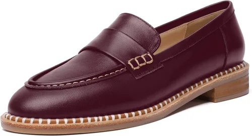 Miniatura 8 de FOGEENA Mocasines de cuero mate para mujer, estilo casual, sin cordones, punta redonda, tacón bajo grueso, zapatos de vestir de 1 pulgada