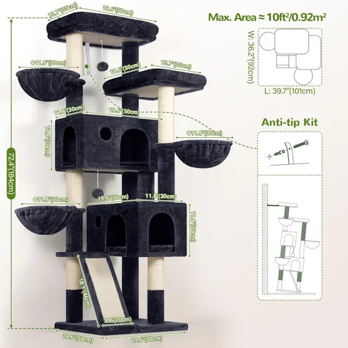 Miniatura 7 de Globlazer Árbol grande para gatos, torre de escalada para gatos de 72 pulgadas de alto para gatos adultos grandes, muebles de varios niveles con 2