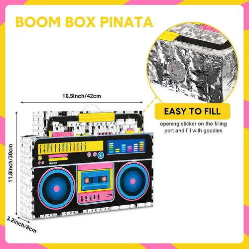 Miniatura 2 de Tenare Boombox Piñata Boom Box - Piñata de los años 80, suministros de fiesta musical retro de los años 90 para decoración de fiesta de cumpleaños
