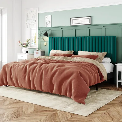 Miniatura 26 de Allewie - Base de cama tamaño King con cabecera acolchada tapizada en terciopelo y diseño acanalado vertical ajustable; plataforma de cama con base