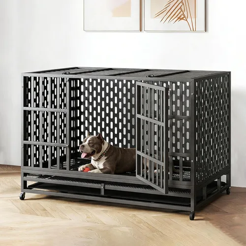Jaula para perros de alta resistencia de 38 pulgadas, a prueba de escapes de acero, jaula indestructible de doble puerta para interiores, perrera