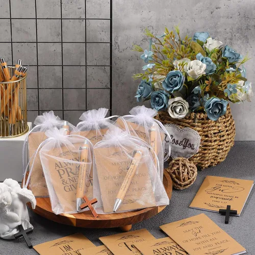 Miniatura 5 de Jutom Juego de 30 bolígrafos retráctiles de bambú para el Día del Padre, regalos cristianos y cuadernos de papel kraft con versículos bíblicos